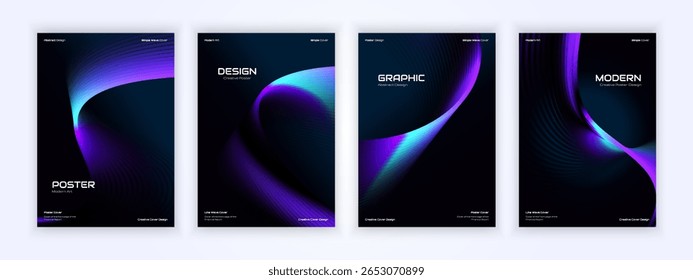 Elegant abstract wave posters with vibrant blue and purple gradients for modern creative covers.