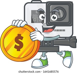 an elegant action camera mascot cartoon design with gold coin