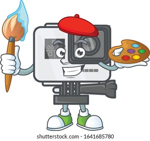 An elegant action camera painter mascot icon with brush