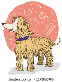 Elegant Afghan Hound dog with some doodles around it: bones, hearts, prizes, stars, fashion and comb for its long hair.