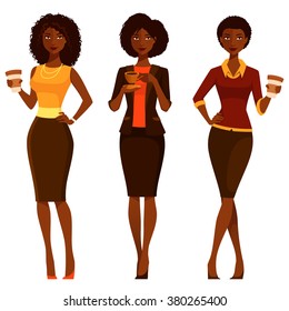 Elegant African American Women Enjoying Coffee. Beautiful Black Girls In Smart Casual Office Fashion. Cartoon Illustration.