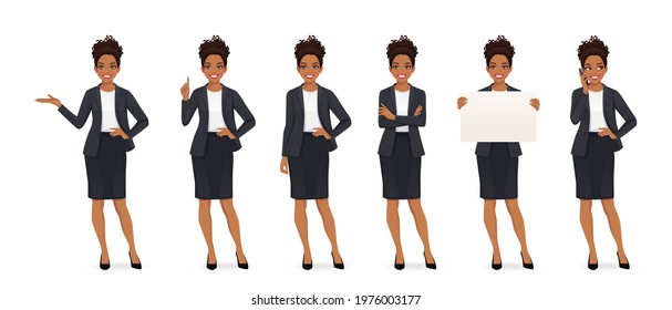Elegant african business woman in different poses isolated vector illustrtion