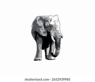 Ilustração vetor elefante africano elegante em preto e branco, arte detalhada animal selvagem isolado em fundo escuro, perfeito para projetos de design educacionais, decorativos ou com temática de vida selvagem.