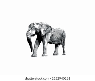 Ilustração vetor elefante africano elegante em preto e branco, arte detalhada animal selvagem isolado em fundo escuro, perfeito para projetos de design educacionais, decorativos ou com temática de vida selvagem.