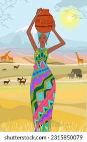 Elegant african girl in traditional fashion holding a vase. Africa landscape with animals. cartoon vector illustration of wildlife for your design