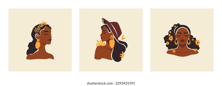 Elegant African woman portrait fashion hat summer flower hairstyle boho chic hand drawn paint set vector flat illustration. Beauty Afro black female face hair aesthetic wall art t shirt print logo