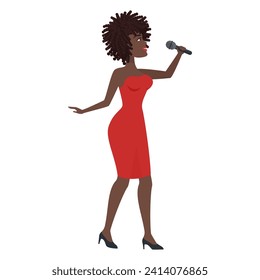 Mujer africana elegante cantando karaoke. Ilustración vectorial de dibujos animados de micrófono de mujer