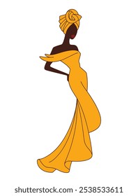 Elegant African Woman in Yellow Dress with Headwrap Vector Illustration