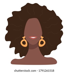 Elegant afro american woman wearing earrings, smiling girl. Isolated fashionable stylish personage with trendy accessories. Pretty girl with hairstyle and positive look, vector in flat style