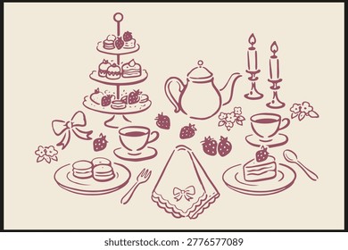 Elegant afternoon tea party setup with teapot cups tiered stand pastries strawberries cake and candles in refined blue line art on beige background