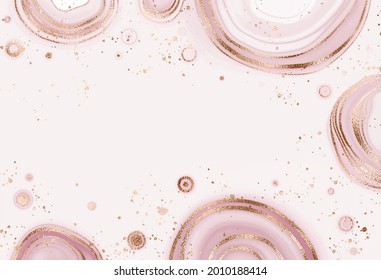 Elegant agate slice border background design with rose gold texture and splatter.