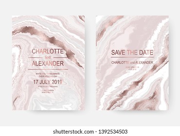 Elegant agate texture slice wedding invitation design cards with rose gold stripes.