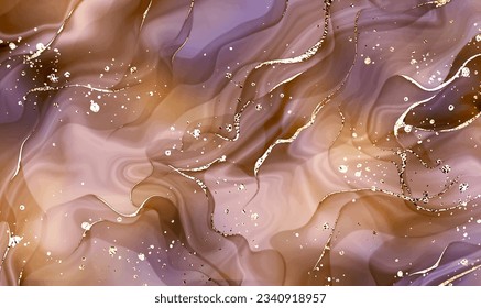 Elegant alcohol ink painting background print design with gold texture and glitter splatter.