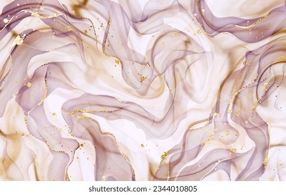 Elegant alcohol ink painting background texture with gold waves and splatter.