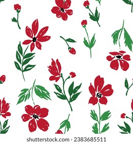 Elegant all over seamless Christmas floral vector repeat pattern with red and green anemone, daisy or poppy like flowers tossed on white. Sophisticated Christmas botanical background.