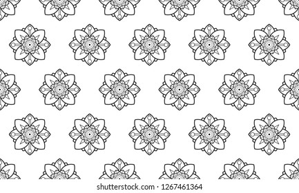 Elegant allover black and white floral motif. Exotic vector pattern for adult colouring book, interior, wallpaper, fabric, textile, phone case. Vintage flower seamless geometric linear design