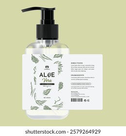 Elegant aloe vera bottle label design featuring botanical patterns, a minimalist style, and organic themes, Eco-friendly cosmetic label packaging that simplicity with luxury for skincare products.