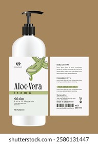 Elegant aloe Vera label featuring modern typography and botanical packaging. The minimalist layout uses soothing colors for an Eco-friendly appeal, perfect for skincare and organic products.