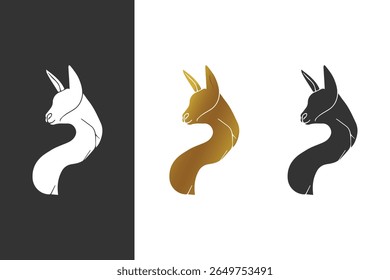 Ícone de logotipo de alpaca elegante com design mínimo e moderno em variações de ouro, preto e branco. Ideal para marcas de luxo, moda ou embalagem de produto