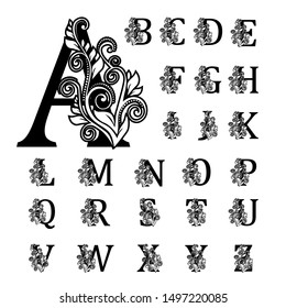 Elegant alphabet with florals elements. Initials letters with botanical emblem. Royal floral letter design. Monogram arrangement. Hand drawn flowers for composition for logo, card, invitation, wedding
