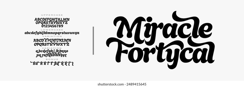 Elegante logo de letra alfabética. ‘MIRACLE’, Tipografía de letras clásicas de lujo serif Fuentes decorativas vintage logotipos retro, diseño para la moda, tienda de belleza y marca. Ilustración vectorial