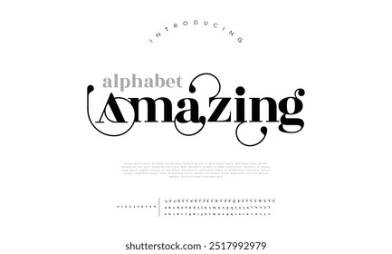 Fonte e número com letras do alfabeto elegantes. Tipografia Luxo clássico lettering serif fontes decorativo casamento vintage conceito retro. ilustração vetorial