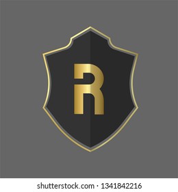 elegant alphabet monogram letter R logo with shiny gold color. logo concept with polygonal badge. vector illustration