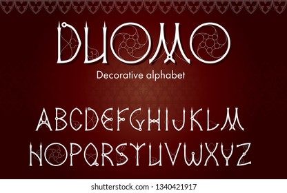 Elegant alphabet vector font in a fairytale style, inspired by gothic cathedrals, stained glass windows and ornaments. Typography design for headlines, titles, labels, posters, books.
