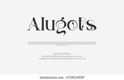 Elegante logotipo de tipografía decorativa Alugots con formas de letras artísticas serif. Logotipo elegante de la marca de la palabra conveniente para las marcas de lujo, las etiquetas de la moda, los negocios de la boutique, los estudios creativos, el diseño editorial, la marca, y los proyectos modernos de la identidad visual. Diseño limpio del logotipo en blanco y negro.