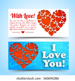 Elegant amorous horizontal banners with text red hearts composition on white blue icons background isolated vector illustration