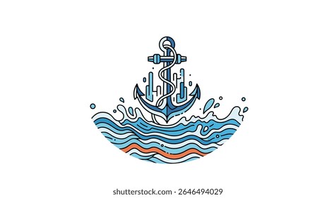 Elegant anchor design vector illustration with ocean waves and city silhouette design