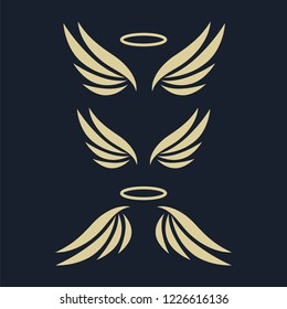 Elegant angel golden flying wings on black background. Flying angel with wing feather, golden linear winged