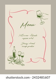 Plantilla de menú de cena de aniversario elegante. Ilustraciones de comida y bebida estilo Matisse.