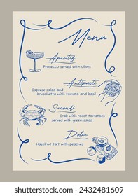 Elegant anniversary dinner menu template. Matisse style food and beverage illustrations.