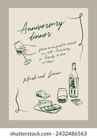 Plantilla de menú de cena de aniversario elegante. Ilustraciones de comida y bebida estilo Matisse.