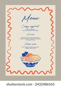 Plantilla de menú de cena de aniversario elegante. Ilustraciones de comida y bebida estilo Matisse.