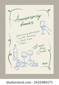 Elegant anniversary dinner menu template. Matisse style food and beverage illustrations.