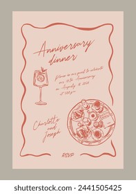 Elegant anniversary dinner menu template. Matisse style food and beverage illustrations.