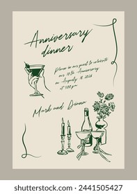 Elegant anniversary dinner menu template. Matisse style food and beverage illustrations.