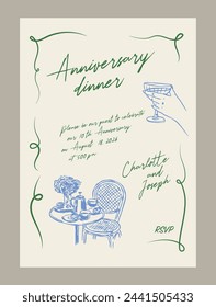 Elegant anniversary dinner menu template. Matisse style food and beverage illustrations.