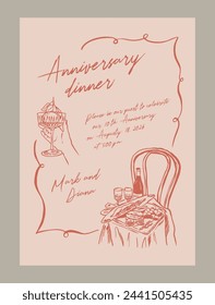 Plantilla de menú de cena de aniversario elegante. Ilustraciones de comida y bebida estilo Matisse.