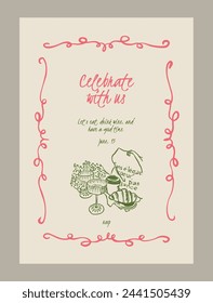 Elegant anniversary dinner menu template. Matisse style food and beverage illustrations.