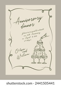 Elegant anniversary dinner menu template. Matisse style food and beverage illustrations.