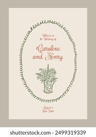 Elegant anniversary dinner menu template. Matisse style botanical illustrations.