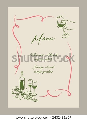 Elegant anniversary dinner menu template. Matisse style food and beverage illustrations.