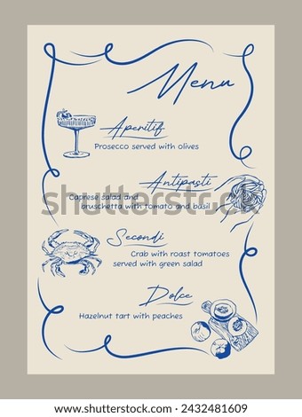 Elegant anniversary dinner menu template. Matisse style food and beverage illustrations.