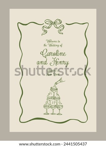 Elegant anniversary dinner menu template. Matisse style food and beverage illustrations.