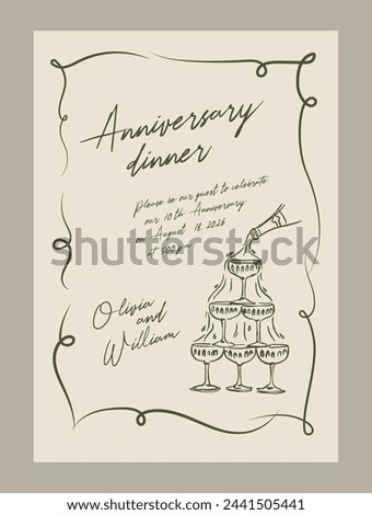 Elegant anniversary dinner menu template. Matisse style food and beverage illustrations.