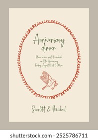 Elegant anniversary invitation template. Matisse style food and beverage illustrations.