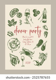 Elegant anniversary invitation template. Matisse style food and beverage illustrations.